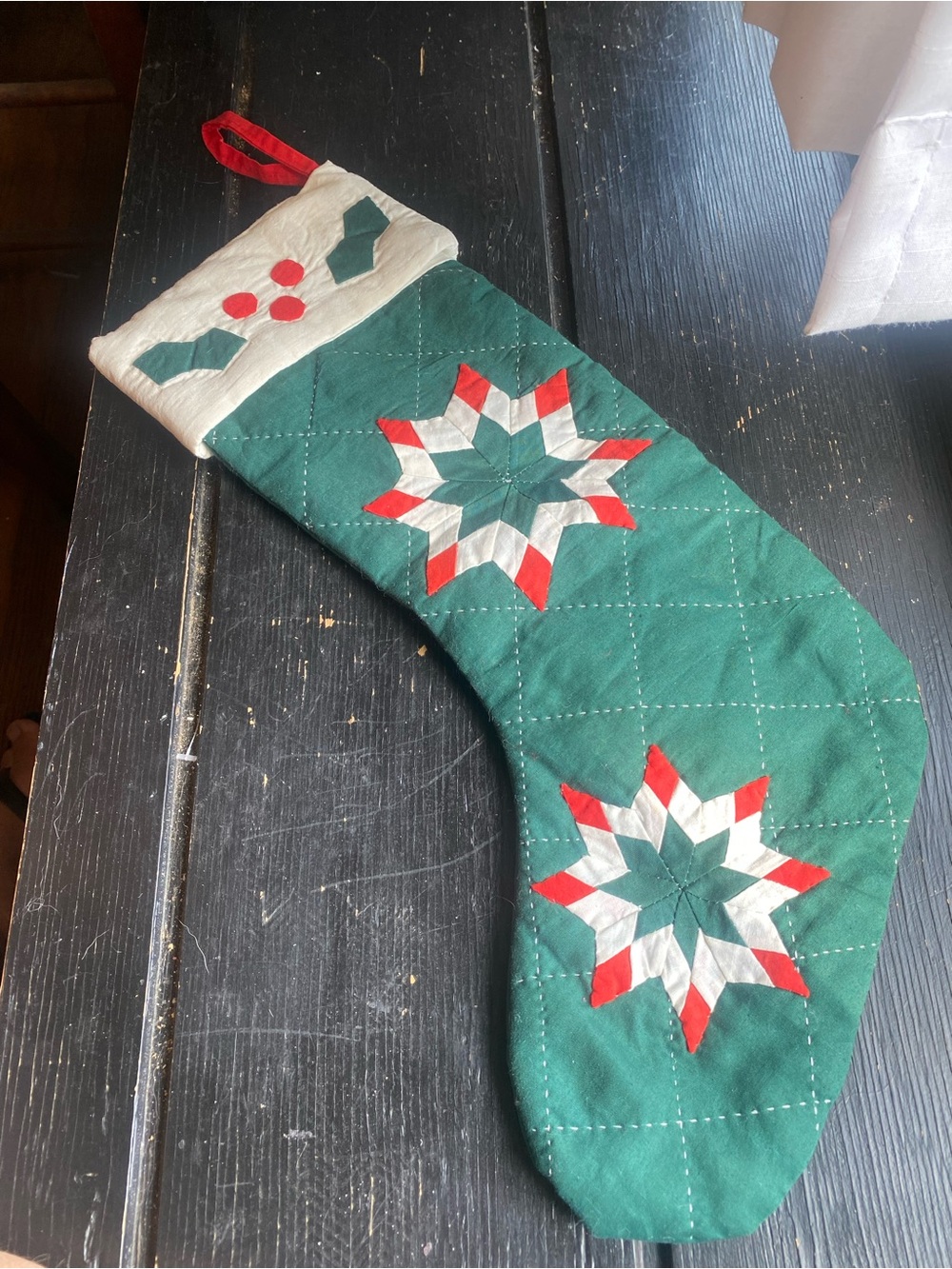Quilted Holiday Stocking with Green Body and Red & White Star Accents